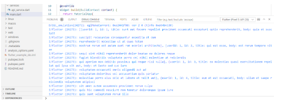 Uma captura de tela de um ambiente de desenvolvimento integrado (IDE) mostrando uma saída de console exibindo o resultado da resposta da API e  informações de depuração.