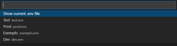 Imagem que mostra o print de um menu superior no VSCode. Esse menu mostra a lista de arquivos de configuração .env que existem no projeto, para que seja selecionado um desses arquivos.