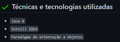 Parte do README do repositório Edige - POO com o texto: “ Técnicas e tecnologias utilizadas: - Java 8; - InteliJ IDEA; - Paradigma de orientação a objetos”