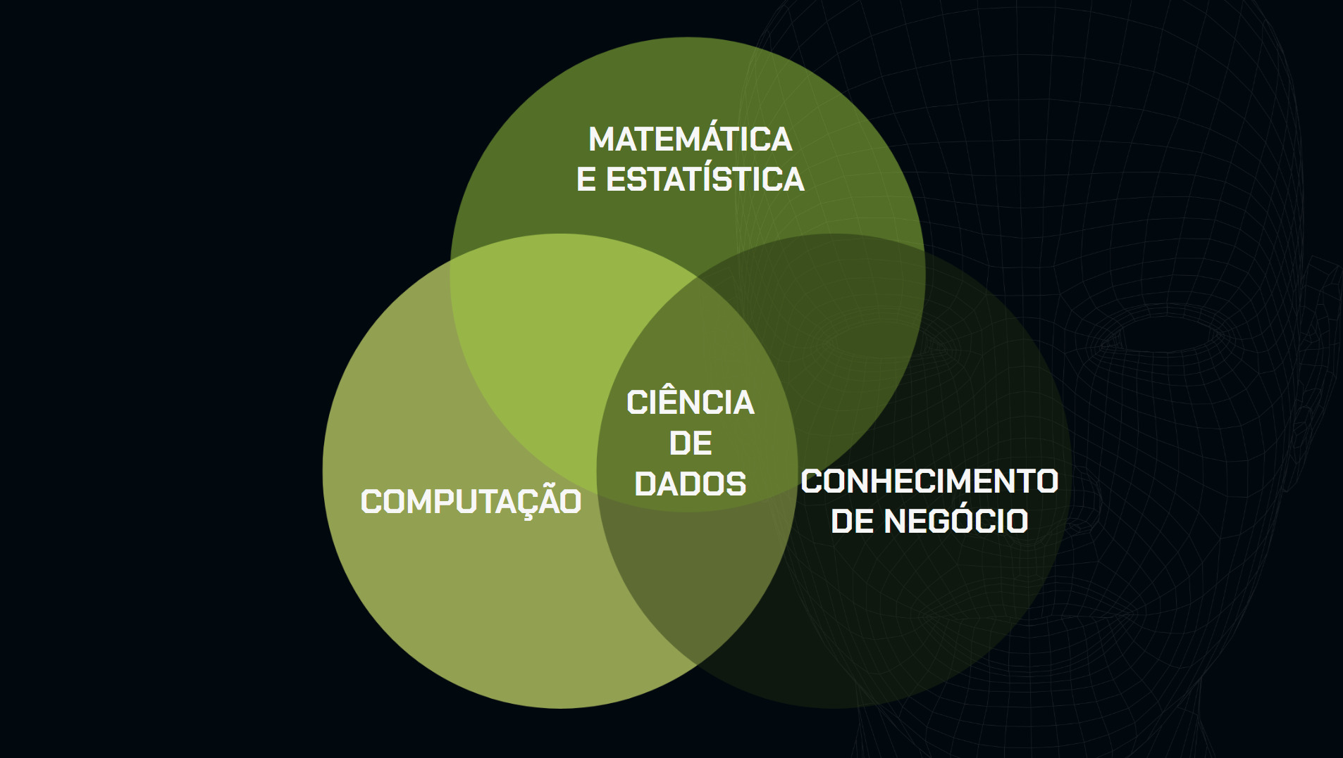 A imagem mostra um diagrama Venn composto por três círculos sobrepostos, rotulados como "Computação", "Matemática e Estatística", e "Conhecimento de Negócio". O ponto de intersecção dos três círculos é rotulado como "Ciência de Dados".