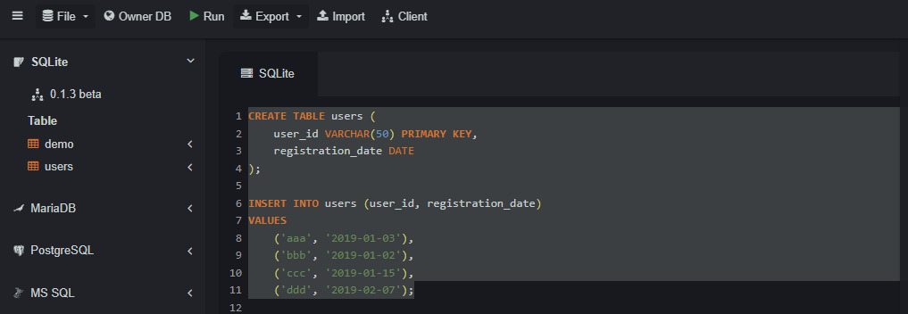 A imagem mostra uma interface de um editor SQL online com uma aba aberta para SQLite. No lado esquerdo, há um painel de navegação destacando "SQLite", "MariaDB", "PostgreSQL" e "MS SQL", indicando suporte a múltiplos bancos de dados.