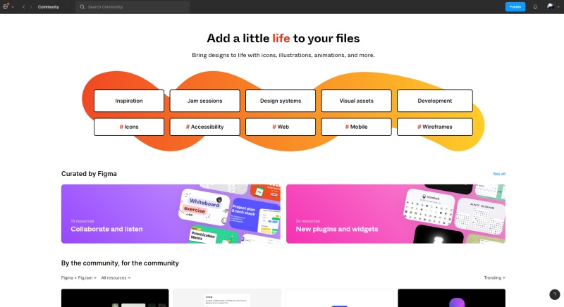 Print da página inicial do Figma Community, mostrando no topo uma barra de pesquisa, na área central as categorias mais buscadas, e embaixo banners das seções Curated by Figma e By the community, for the community.