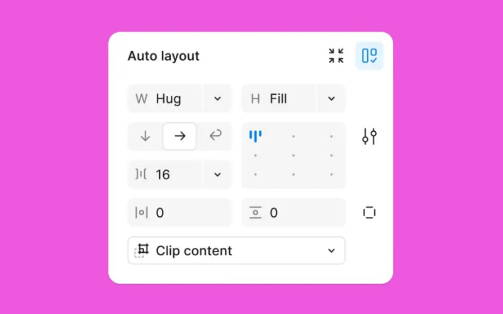 Print do campo auto layout no Figma. Com diagramas e números de dimensionamento verticais e horizontais.