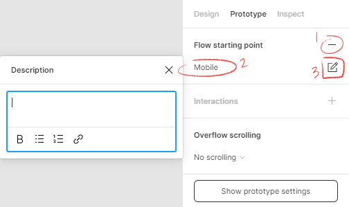 Modo de configuração de um flow, enumerado em três itens. O primeiro é o botão com símbolo de “menos”, alinhado horizontalmente com o texto “Flow starting point”. O segundo é o título deste Flow, que ao clicar, é possível ser alterado. Na mesma linha, está o terceiro e último, que é a opção de editar, representado por um ícone de “lápis”. Clicando nesse botão, é aberta uma janela para adicionar ou alterar a descrição do flow #inset