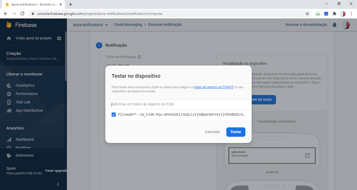 Imagem do push token sendo inserido no terminal do Firebase Cloud Messaging