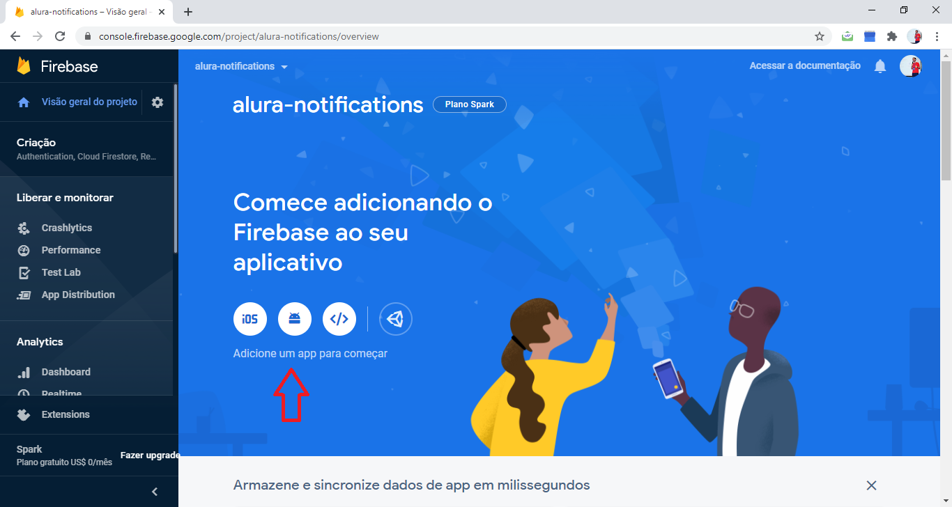 Imagem da tela principal do projeto com uma seta apontando para o botão da plataforma Android