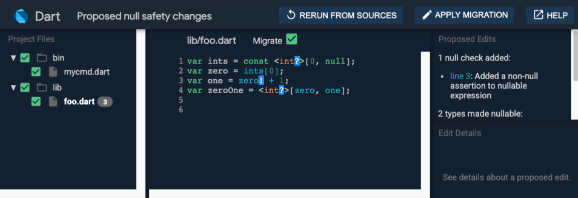 Interface Interativa com o código do projeto alterado e edições propostas. Na barra superior da tela, lê-se Dart Propostas de alteração do null safety e três botões: voltar para fonte, fazer migração e ajuda. A tela está dividida em três partes: à esquerda estão as pastas e os arquivos do projeto, no centro está o código do arquivo selecionado; à direita são exibidas as edições propostas no código e também os detalhes da edição proposta