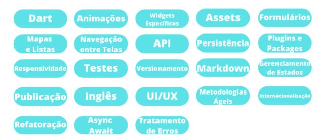 Imagem que mostra a lista das 23 tecnologias imprescindíveis: Dart, Animações, Widgets específicos, assets, formulários, mapas e listas, navegação entre telas, API, persistência, plugins e packages, responsividade, testes, versionamento, markdown, gerenciamento de estados, publicação, inglês, UI e UX, metodologias ágeis, internacionalização, refatoração, async await, tratamento de erros.