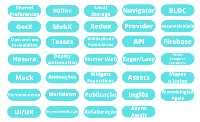 Imagem que mostra a lista das 34 tecnologias que são um diferencial para o programador: Shared preferences, SQflite, local storage, nuvigator, BLOC, GetX, MobX, redux, provider, responsividade, máscaras em formulários, testes, validação de formulários, API, firebase, hasura, deploy automático, flutter web, eager/lazy, Assert Exception catchError, Mock, animações, widgets específicos, Assets, mapas e listas, versionamento, markdown, publicação, inglês, metodologias ágeis, UI e UX, internacionalização, refatoração, async await.