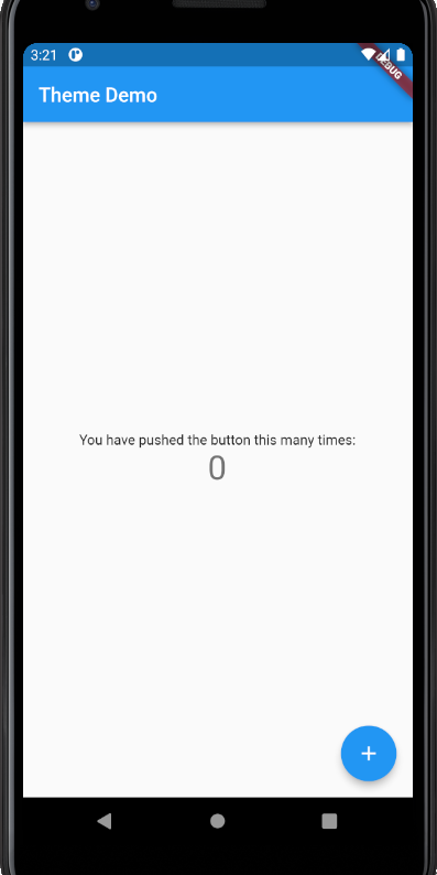 Imagem de Projeto padrão de Flutter, com barra de cabeçalho azul, uma mensagem e um número no centro, e um botão redondo e azul no fundo à direita.