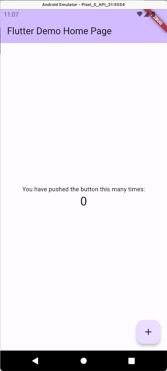 Imagem que mostra o print de uma tela em branco com uma barra roxa no topo onde está escrito "Flutter Demo Home Page", o que pode ser traduzido como “Página inicial de demonstração do Flutter”. No meio da página, há o texto "You have pushed the button this many times: 0", o que, em português, significa “Você apertou esse botão tantas vezes: zero. No canto inferior direito do dispositivo, existe um botão roxo com o sinal de adição ou sinal de "mais".