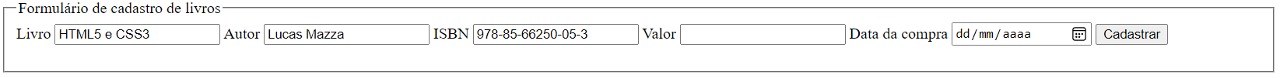 Livro  Autor  ISBN  Valor  Data da compra Cadastrar