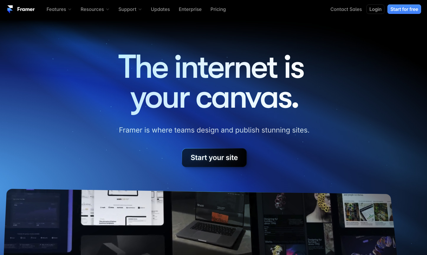 Página inicial do Framer com o texto 'The internet is your canvas' e um botão 'Start your site' para começar a criar sites impressionantes.