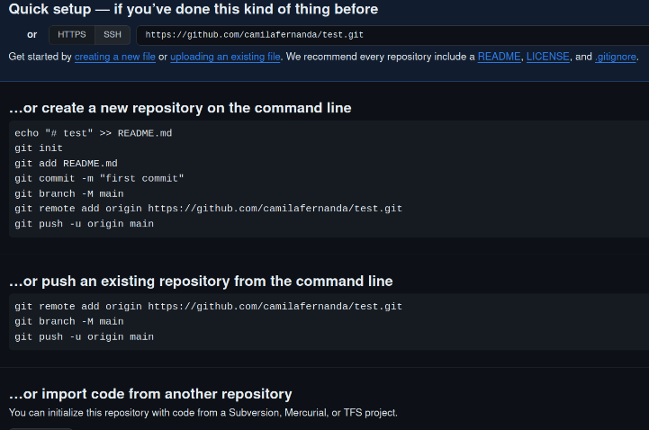 Tela do Github que surge assim que você clica no botão Create Repository. Nela está presente 3 campos, onde o primeiro é sobre “create a new repository on the command line” seguidos dos seus respectivos comandos; na segunda seção temos “push an existing repository from the command line”; e por fim, temos “or import code from another repository”, todos seguidos dos seus respectivos comandos de como fazer