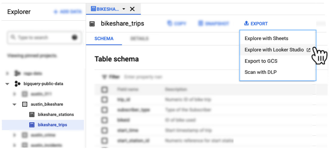 Print retirado da documentação do BigQuery, o print mostra a ferramenta do BigQuery, destaque para o menu de explorar dados e a opção de conexão com o Looker Studio.