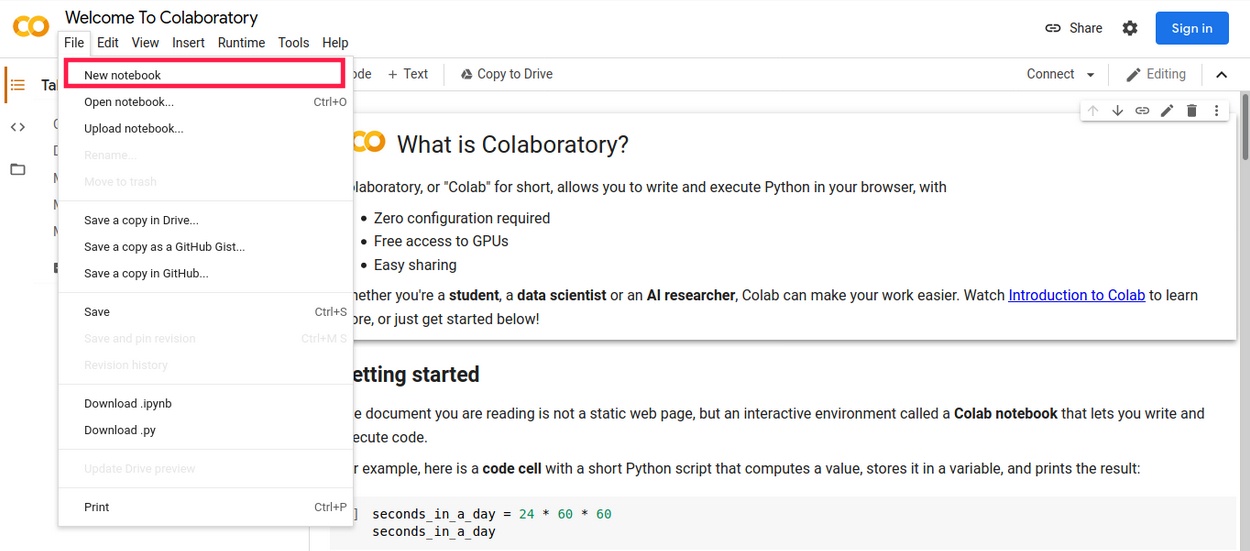 Para criar um notebook no Google Colaboratory, clique em file, na parte superior esquerda, logo em seguida em New Notebook.
