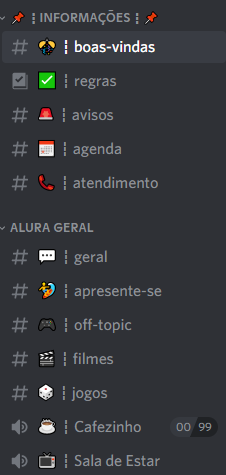 Printscreen da comunidade no Discord da Alura, com os seguintes canais: boas-vindas, regras, avisos, agenda, atendimento, geral, apresente-se, off topic, filmes, jogos, cafezinho e sala de estar.