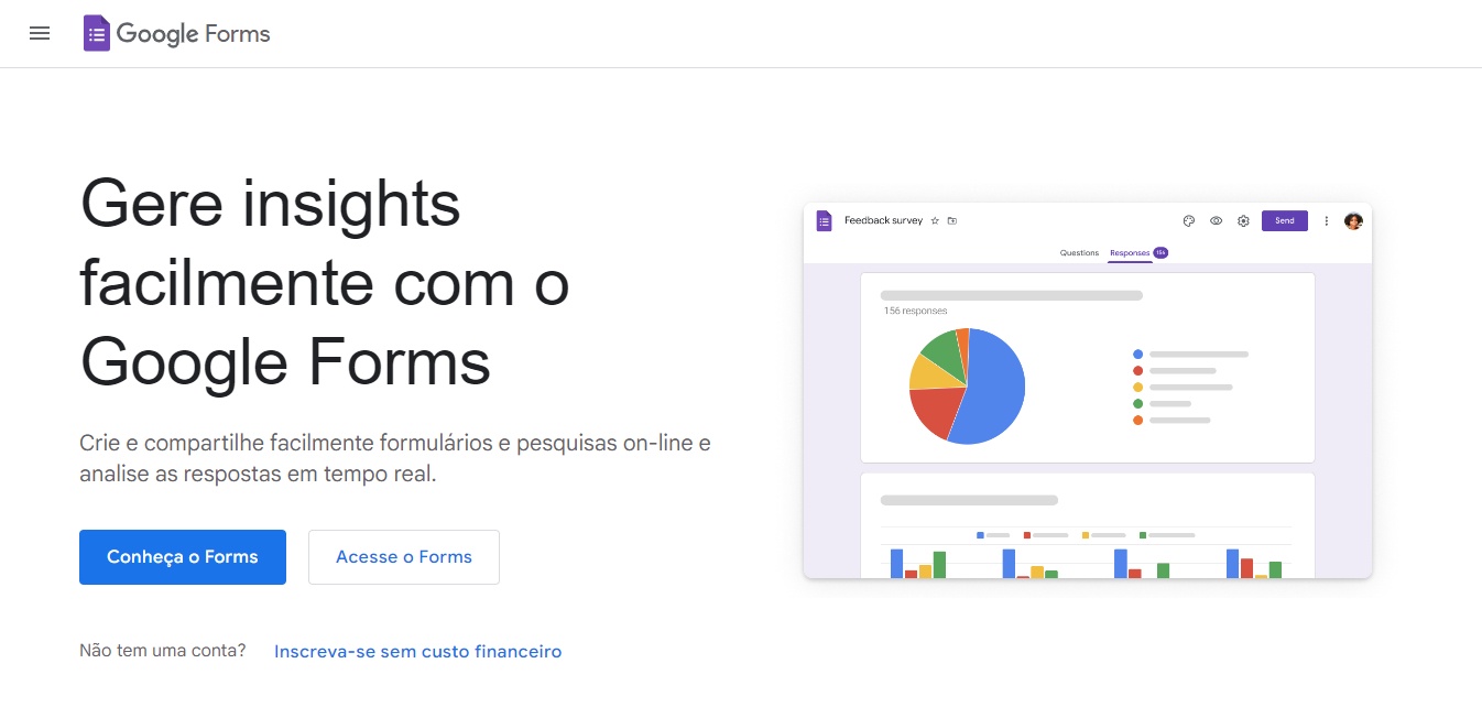 Imagem da página inicial do site da ferramenta Google Forms.