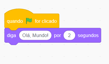 A imagem mostra dois blocos de código do Scratch. O primeiro é o “quando a bandeirinha for clicada” e o segundo é o “diga - Olá, Mundo! - por - 2 - segundos”.