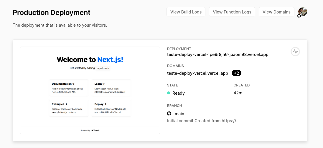 Captura de tela contendo informações sobre a nossa aplicação, como os links onde ela está disponibilizada, o estado da aplicação, o tempo que ela foi criada e o link do repositório