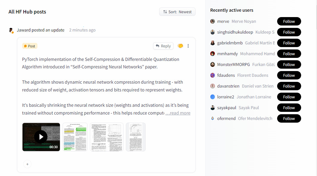 A imagem mostra um feed de uma comunidade online. A parte à direita mostra uma lista de usuários recentemente ativos com a opção de segui-los. A parte à esquerda mostra um post de um usuário chamado "Jaward", com o título "PyTorch implementation of the Self-Compression & Differentiable Quantization Algorithm introduced in "Self-Compressing Neural Networks" paper." O post contém uma breve descrição do algoritmo, um botão "read more" para ler o restante do post, e alguns anexos.