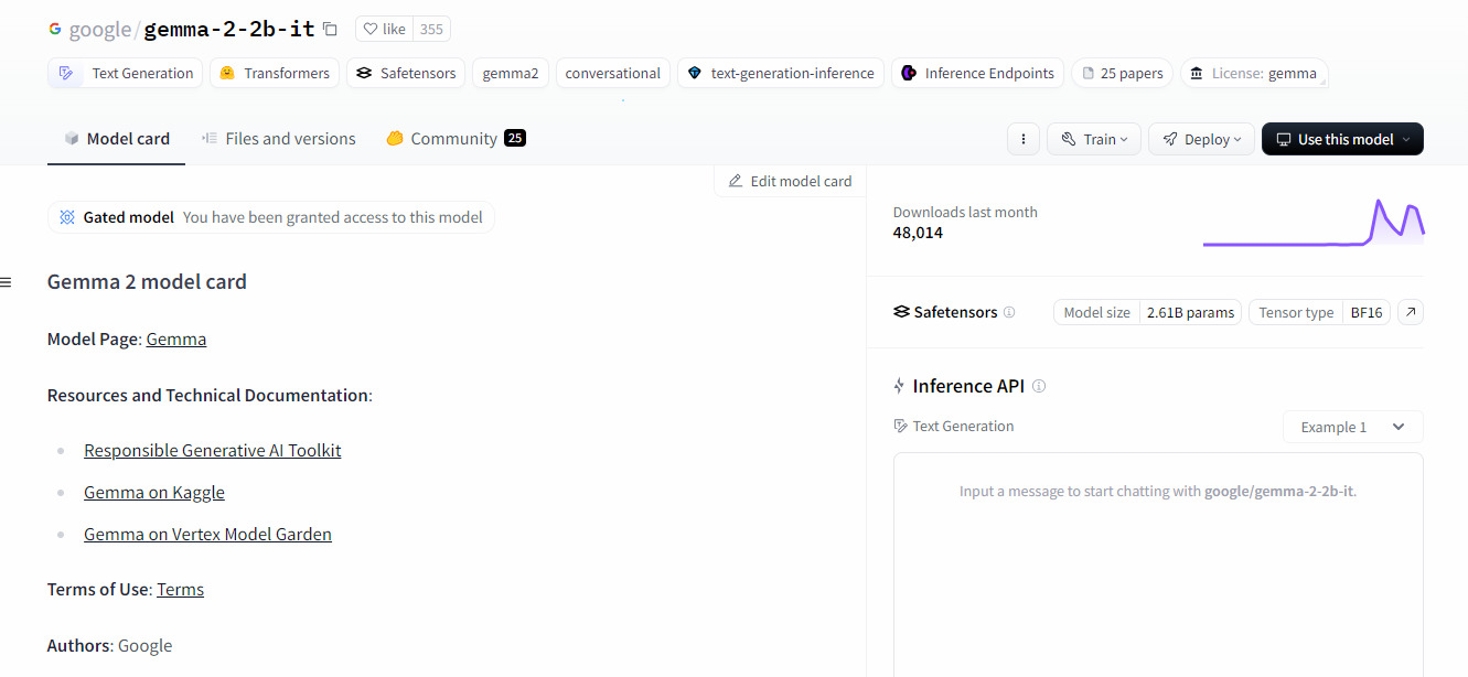 A imagem mostra a página de um modelo de IA chamado "google/gemma-2-2b-it" no hugging face. A página inclui informações sobre o modelo, como seu tipo, tamanho, número de parâmetros e recursos. Também há uma seção para treinamento e implantação do modelo. Há um gráfico que mostra o número de downloads do modelo no mês passado. Além disso, é possível enviar mensagens para o modelo por meio de uma caixa de texto. Há também um botão para usar o modelo.