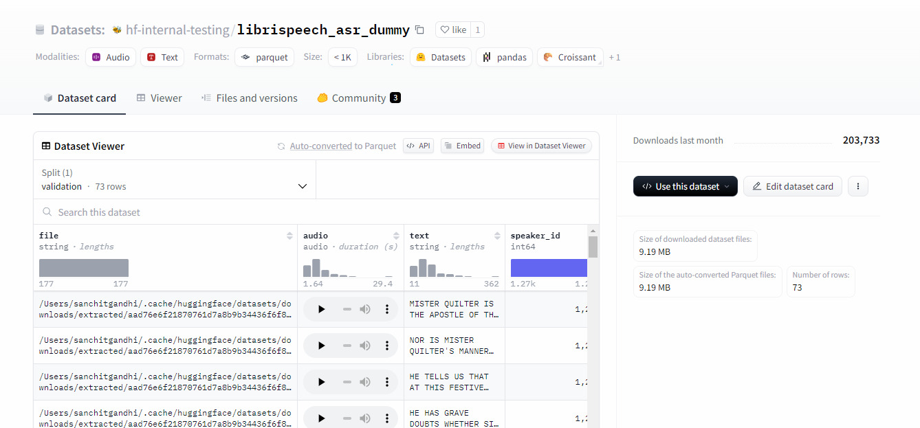 A imagem mostra a página de um conjunto de dados chamado "libri speech dummy". A página inclui informações sobre o conjunto de dados, como seu tamanho, formato e número de downloads. Também há uma seção para visualização do conjunto de dados e um botão para usar o conjunto de dados.