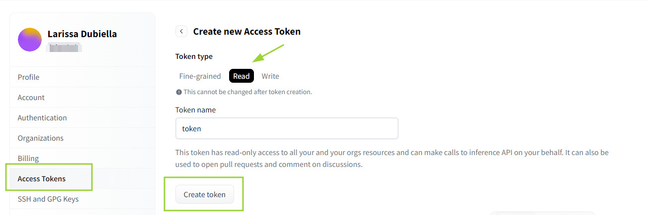A imagem mostra a tela de criação de tokens de acesso no hugging face. Há uma seta apontando para a opção “Read” no menu "Token Type", que oferece as opções "Fine-grained", "Read" e "Write". O campo "Token Name" está pronto para receber o nome do token. Abaixo, há uma descrição detalhada dos direitos de acesso do token, com destaque para a capacidade de ler todos os recursos, fazer chamadas à API em nome do usuário e criar pull requests e comentários. Há um botão "Create Token" para finalizar a criação do token.