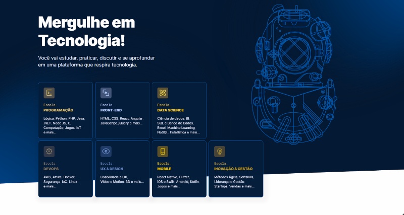 Página inicial da Alura, exibindo as mesmas informações da imagem anterior, mas desta vez a imagem está com o esquema de cores do ponto de vista do daltônico com deuteranopia. Os cartões das escolas de Programação, DevOps, Data Science e Inovação e Gestão ficaram na cor amarela, enquanto a de UX & Design ficou na cor azul.