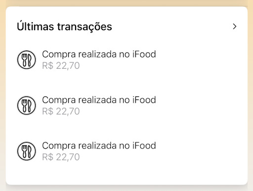 Seção de últimas transações do aplicativo Swift Bank, com três compras de restaurante.