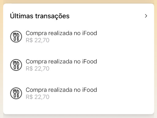 A imagem mostra uma lista de transações recentes em um aplicativo, todas referentes a compras realizadas no iFood, no valor de R$ 22,70 cada uma.