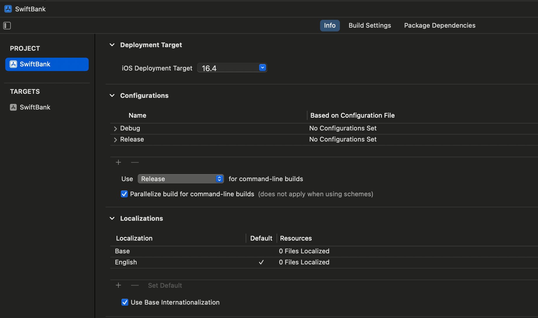 Tela de configurações de build no Xcode para um projeto iOS chamado SwiftBank, com foco nas configurações de localizações ecom a opção Use Base Internacionalization selecionada.