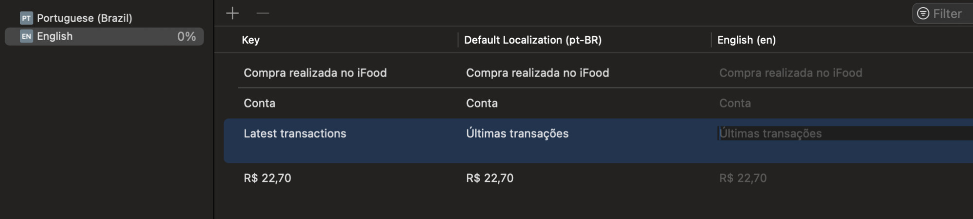 Tela de gerenciamento de traduções, mostrando a comparação entre textos em Português (Brasil) e Inglês para itens como "Compra realizada no iFood" e "Últimas transações".