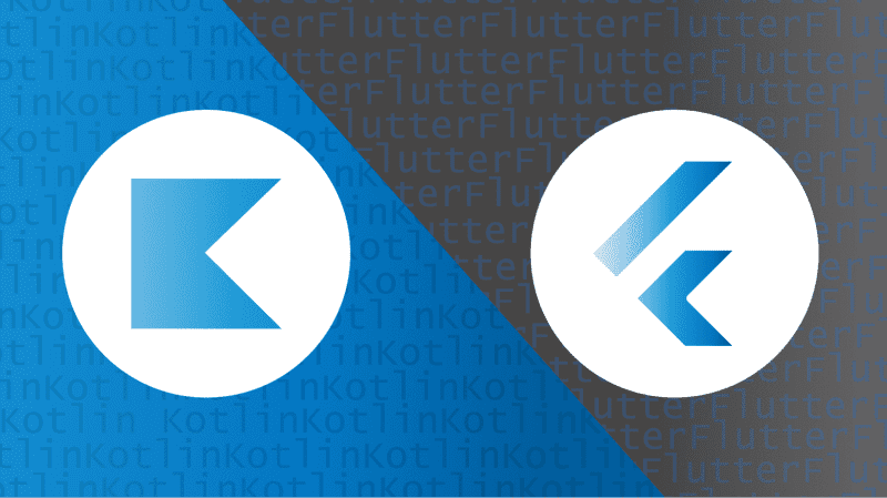 Ícones do Kotlin e Flutter em tons de azul e cinza posicionados em lados opostos.