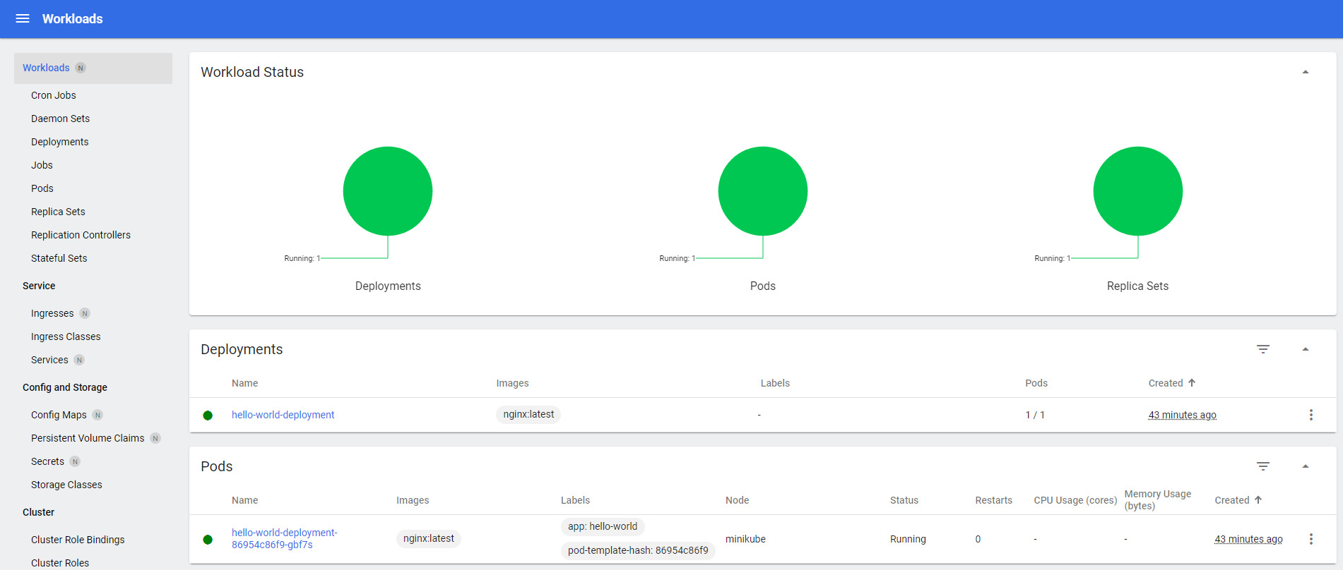 Painel de controle Kubernetes na aba 'Workloads'. A seção 'Workload Status' mostra três indicadores para 'Deployments', 'Pods' e 'Replica Sets', cada um indicando um item em execução.."