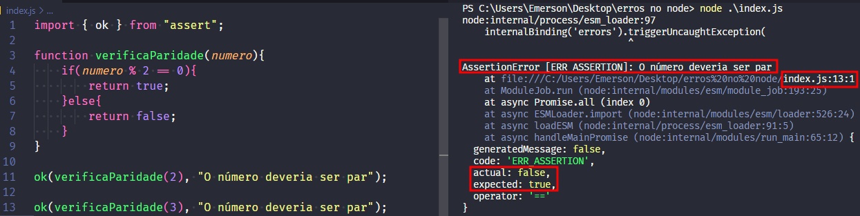 Captura de tela colorida em recorte. Tela do editor de texto Visual Studio Code com o fundo em azul escuro e letras brancas, rosas, verdes e roxas, onde temos a esquerda o código, escrito:import {ok} from 'assert';function verificaParidade(numero){    if(numero % 2 === 0){        return true;    }else{        return false;    }}ok(verificaParidade(2), 'O número deveria ser par');ok(verificaParidade(3), 'O número deveria ser par');À esquerda é apresentado o terminal escrito: C:\Users\Emerson\Desktop\erros no node> node .\index.jsnode:internal/process/esm_loader:97    internalBinding('errors').triggerUncaughtException(                              ^AssertionError [ERR_ASSERTION]: O número deveria ser par    at file:///C:/Users/Emerson/Desktop/erros%20no%20node/index.js:13:1    at ModuleJob.run (node:internal/modules/esm/module_job:193:25)    at async Promise.all (index 0)    at async ESMLoader.import (node:internal/modules/esm/loader:526:24)    at async loadESM (node:internal/process/esm_loader:91:5)    at async handleMainPromise (node:internal/modules/run_main:65:12) {  generatedMessage: false,  code: 'ERR_ASSERTION',  actual: false,  expected: true,  operator: '=='}Onde os trechos “AssertionError [ERR_ASSERTION]: O número deveria ser par.”,”index.js/13.1”, “actual:false, expected:true” estão selecionados com uma borda vermelha.