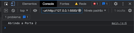 Trecho do navegador com o botão Console selecionado. Mais abaixo, aparece a mensagem "Abrindo a Porta 2".