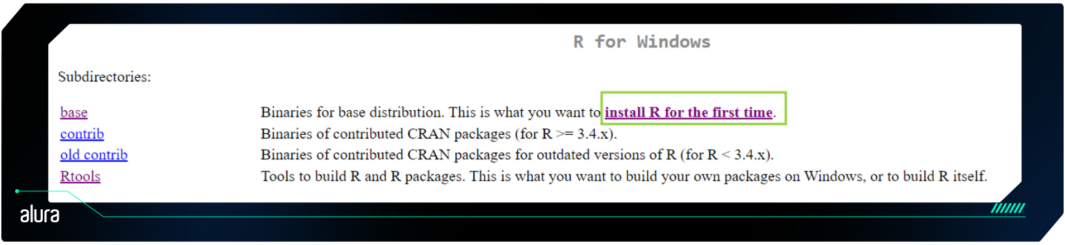 Página de downloads do R para Windows com o link "install R for the first time" destacado em verde, junto com subdiretórios e descrições para diferentes pacotes e ferramentas.