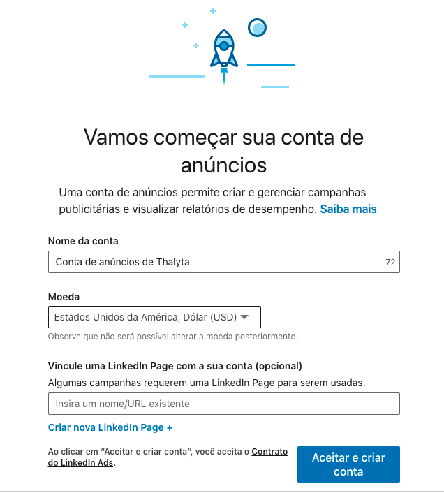 Print de tela do Gerenciador de Campanhas contendo informações como: Nome da conta, moeda e página do Linkedin.