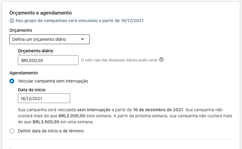 Print de tela exemplificando o descrito com informações para data de lançamento da campanha.