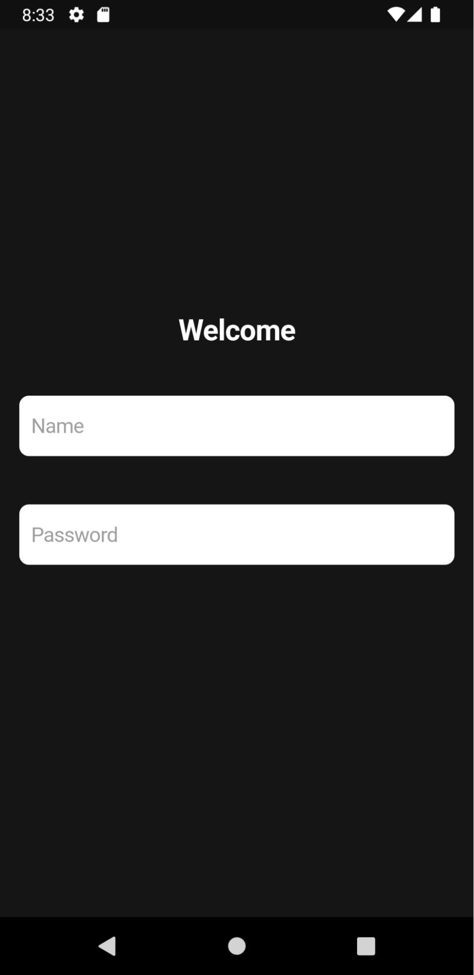 Tela de login com o texto "Welcome", um campo para inserir o nome e um campo para inserir a senha.