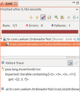 Resultado do JUnit para o teste com Hamcrest