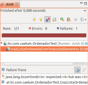 Resultado do JUnit para o teste sem Hamcrest