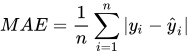 Equação do erro médio absoluto (MAE), calculando a média das diferenças absolutas entre os valores observados e previstos.