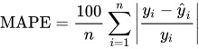 Equação do MAPE (erro percentual absoluto médio), que calcula a média dos valores percentuais absolutos das diferenças entre os valores observados e previstos.