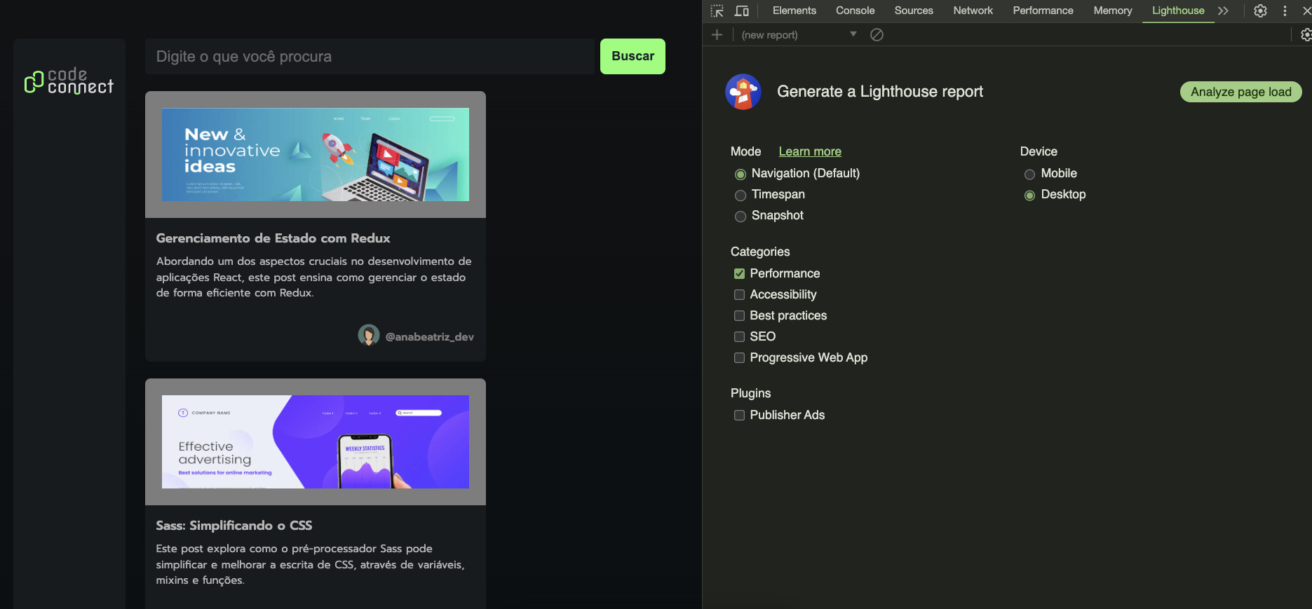A imagem mostra duas janelas de um navegador de internet abertas lado a lado. À esquerda, uma página de um website chamado "code connect" com um campo de busca e abaixo dois artigos sobre programação. O primeiro, destacado, fala sobre "Gerenciamento de Estado com Redux", e o segundo sobre "Sass: Simplificando o CSS". À direita, uma aba do Chrome DevTools está aberta na seção "Lighthouse", pronta para gerar um relatório com foco em performance, acessibilidade, melhores práticas e SEO para dispositivos desktop.