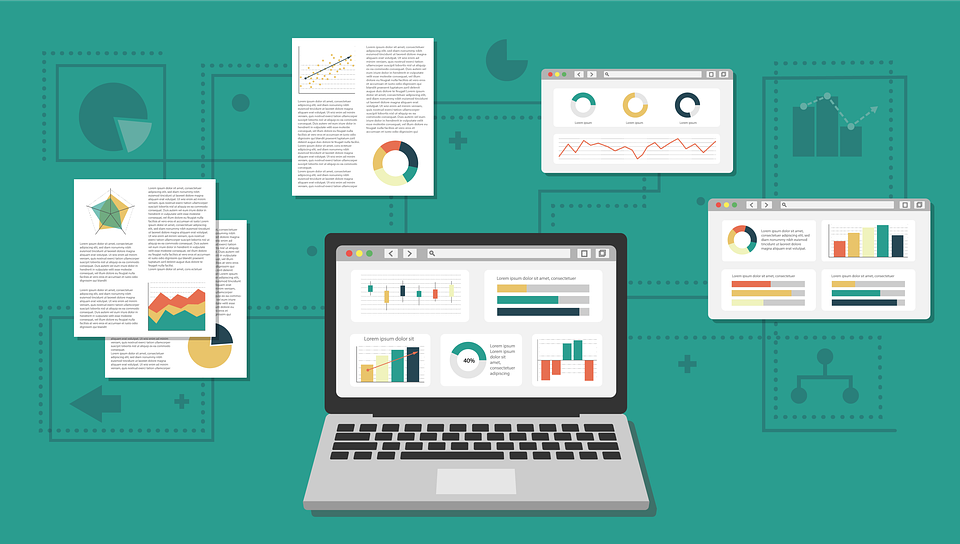 alt text: Ilustração de um notebook com um dashboard em sua tela. A sua volta existem outros itens ilustrados com textos e gráficos que se conectam ao notebook central.