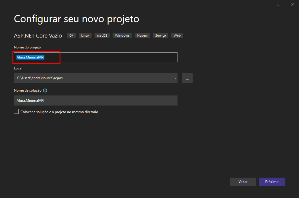 Na imagem vemos a tela do Visual Studio 2022, com a opção do nome do projeto destacada.