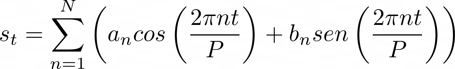 Exemplo de série de Fourier. s_t = \sum_{n=1}^N \left(a_n cos \left( \frac{2 \pi n t}{P} \right)  +b_n sen  \left( \frac{2 \pi n t}{P} \right)  \right)