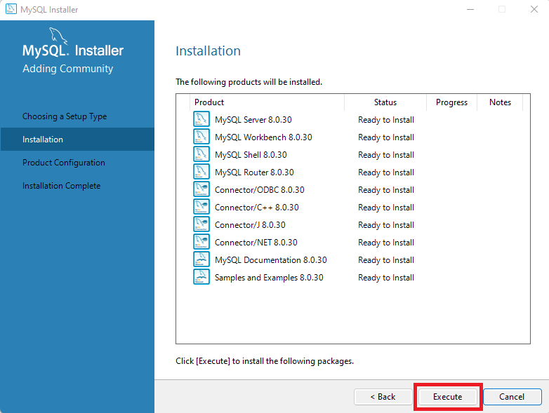 Página do MySQL Installer com a opção Installation selecionada, no menu à esquerda. Ao lado direito, temos as informações correspondentes, com o botão Execute destacado com um retângulo vermelho, no canto inferior direito da página.